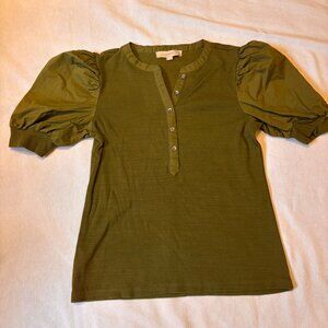 LOFT Size S Olive Green Puff Sleeve Ribbed Henley Top